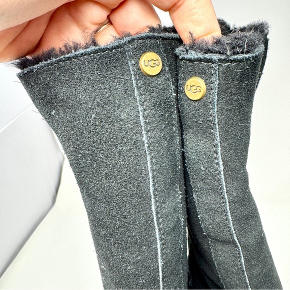 UGG Kasen Tall Black Suede Sheepskin Block Heel Boots Shearling Trim size 10 - Picture 11 of 16